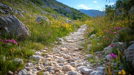 Fototapeta premium A rocky pathway through a vibrant wildflower meadow in the mountains on a sunny day in spring