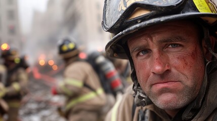 Naklejka premium Firefighter in action during a rescue operation, smoky background.