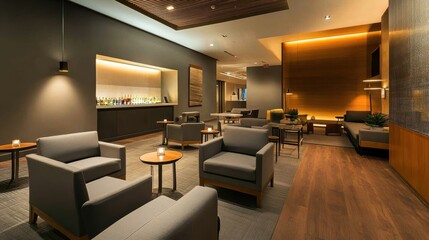 A modern lounge area featuring cozy seating and warm lighting in a contemporary interior design setting during the evening