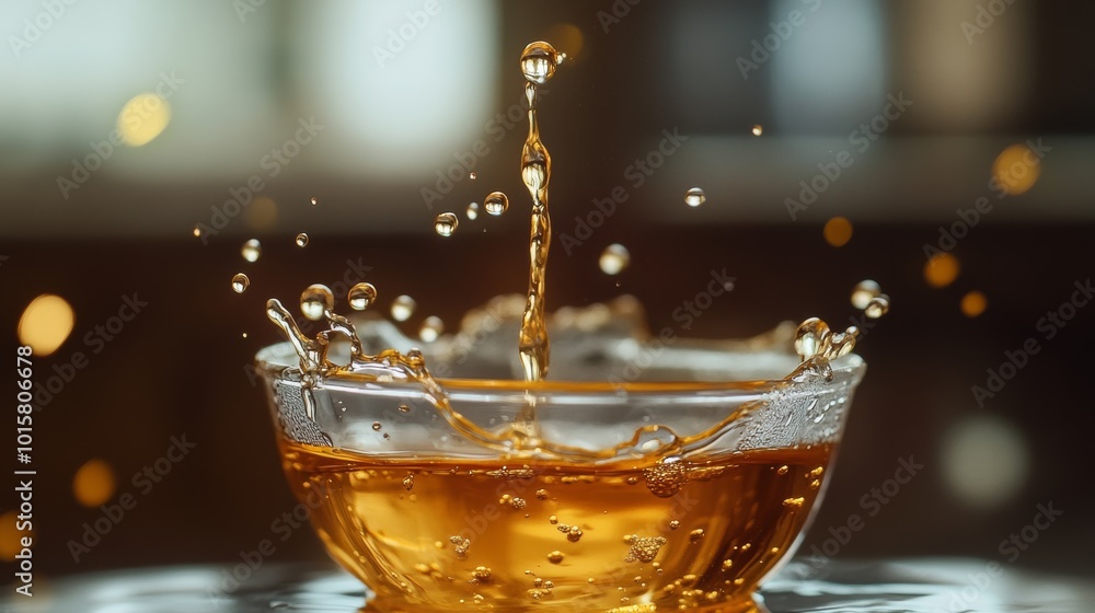 Poster water splashes into a glass bowl creating ripples and droplets in a warm indoor setting during dayli