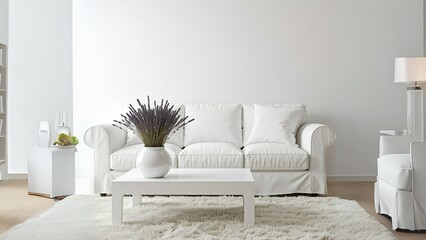 Minimalist interior design with a white sofa, coffee table, and dried flowers. Ideal for creating a serene and peaceful atmosphere