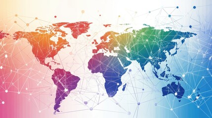 Colorful world map with connecting lines representing global communication and networking across continents