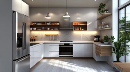 Modern kitchen design featuring sleek cabinetry, minimalist decor, and natural light in an urban apartment setting