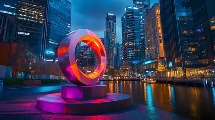 68. A vibrant city scene with a steel sculpture illuminated at night