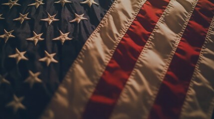 Fototapeta premium Detailed view of an American flag displaying its stars and stripes, highlighting texture and color on a clear day