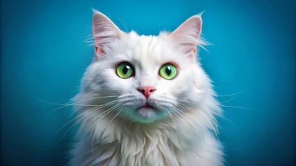 Obraz premium A white cat with startling green eyes stares intently at the camera, its fluffy fur contrasting against a vibrant blue background.