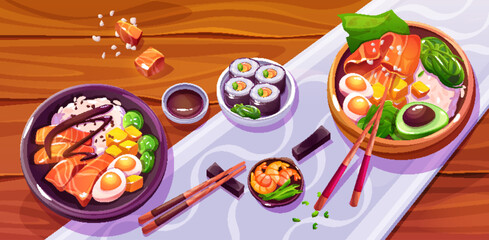 Tuna poke bowl. Avocado, rice and salmon plate. Shrimp, vegetable, raw ingredients in sushi top view on wooden table in restaurant concept. Served healthy meal with seaweed and soy sauce for cafe.