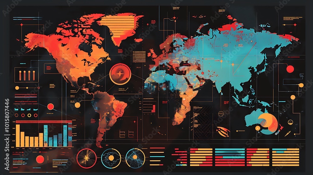 Poster digital map of the world with a focus on data visualization, representing global trends and connecti
