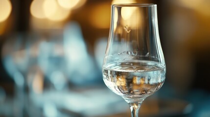 A glass of clear water glistens under warm lighting in an elegant dining setting, inviting refreshment