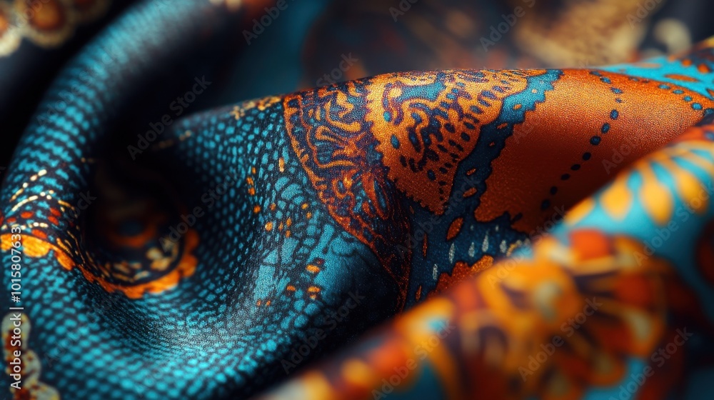 Poster a close-up view of vibrant fabric displaying intricate patterns with warm tones and detailed designs