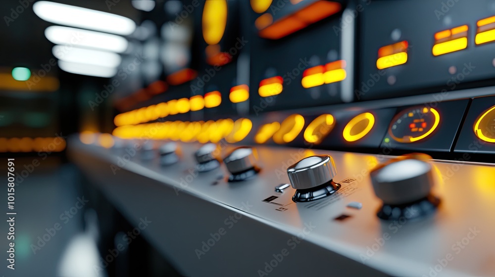 Poster control panel with illuminated dials and buttons