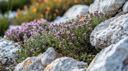Vibrant purple flowers blooming among rocky terrain in a natural landscape during golden hour