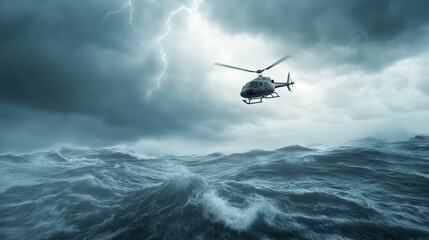 Helicopter flying over stormy ocean waters with dark clouds and lightning.