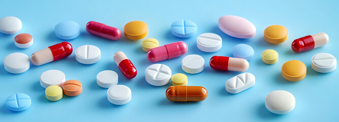 Different colorful antibiotic medicine pills on soft blue background