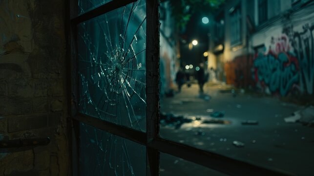 Dark alleyway at night with shadowy figures symbolizing gang violence, broken window and graffiti-covered wall under harsh streetlight glow.