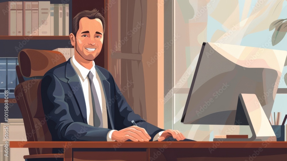 Aufkleber a man in a suit is sitting at a desk with a computer monitor in front of him