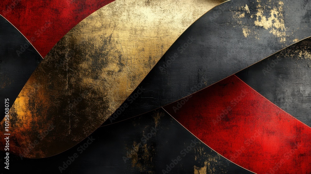 Aufkleber Abstract design featuring intertwined red, black, and gold patterns on textured background creating a striking visual contrast