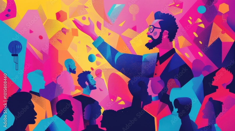 Poster a vibrant presentation illustrating a speaker engaging with an attentive audience in a colorful and 