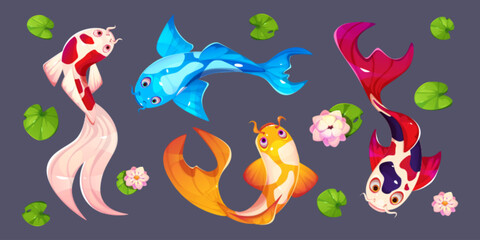 Top view on koi fish with lotus leaves and flowers for Japanese or Chinese traditional pond and aquarium creation. Cartoon vector set of golden and blue, red and white oriental underwater animals.