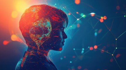 A woman with a digital overlay explores technology and creativity in a modern environment during nighttime