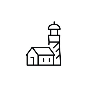 recommend clip art: Lighthouse icon. Simple line art of a lighthouse and adjacent building, ideal for marine navigation, coastal, and seaside-themed designs. Vector illustration