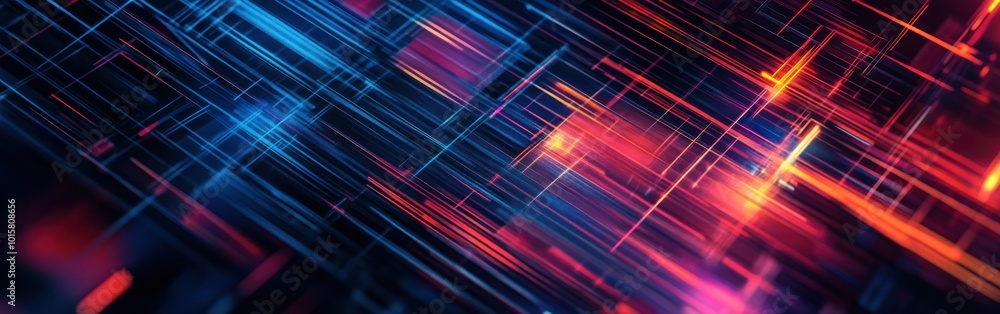 Poster dynamic colorful lines intersecting in a vibrant digital space showcasing abstract technology and in