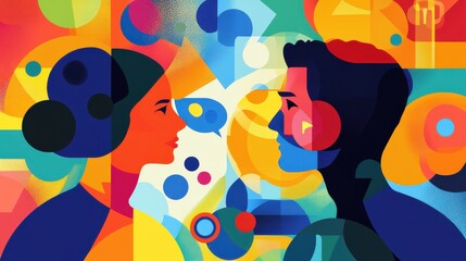 Illustration depicting the connection between two people engaged in conversation with vibrant colors and abstract shapes in a lively setting
