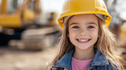 A little girl dressed as an engineer, wearing a yellow hard hat, smiling with a construction site in the background.