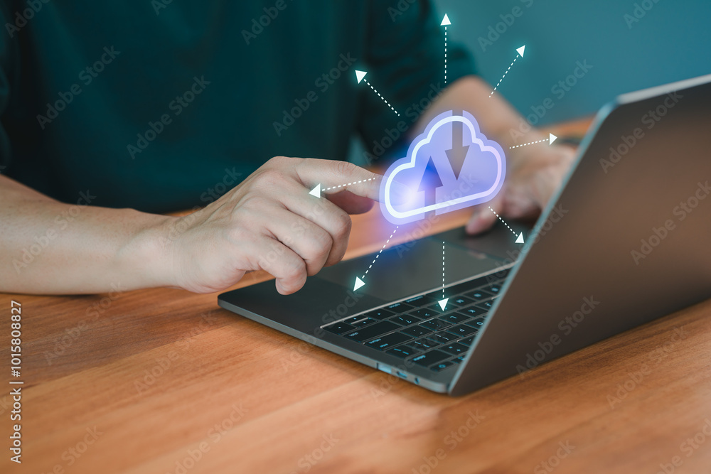 Poster Person use a laptop with cloud computing diagram. Business concept of big data analytics and business intelligence, data storage and transfer, networking and internet service and startup technology.