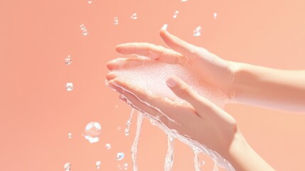 Fototapeta premium Person washing hands with soapy water under bright lighting against a peach background, emphasizing cleanliness and hygiene practices