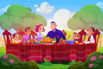 Family dinner in summer garden. Vector cartoon illustration of happy parents and children sitting at table in backyard with green trees and flowers, healthy food on plates, enjoying time together