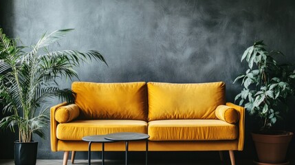 Cozy sofa with a potted plant and table in front of a grey wall, spacious area with room for text, perfect for a homely festive atmosphere