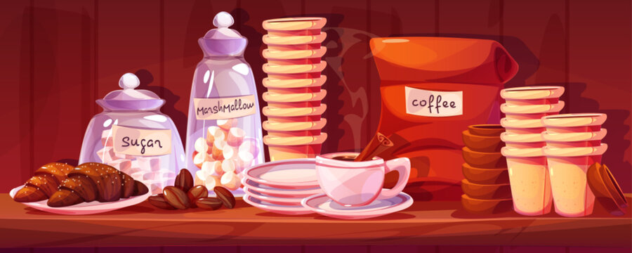 Barista and coffeeshop cartoon vector composition with coffee beans and package, croissant and hot espresso or americano in cup with steam, marshmallow and sugar cube in glass jar, paper cups on shelf