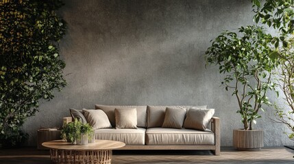 Relaxing sofa, green plant, and table with neutral grey wall in the background, perfect scene for festive display with ample copy space