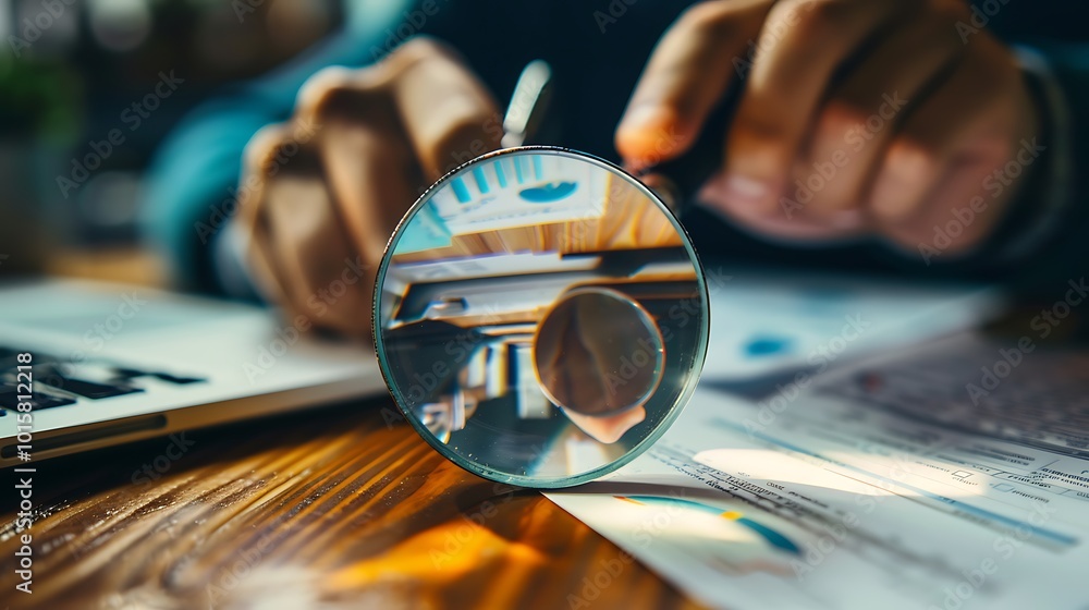 Poster magnifying glass is placed on a table with documents, showing the importance of analysis and detail 