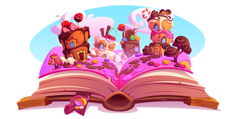 Obraz premium Open paper book with illustration of tale about magic candy land with houses and trees made from cakes and chocolate, berries and caramels. Cartoon vector of fairytale with dream world on pages.