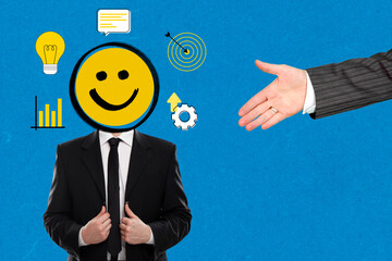 Businessman hand and Businessman with a emoji smiling headed, surrounded by business icons, job interview, recruitment and employment, isolated on blue paper background