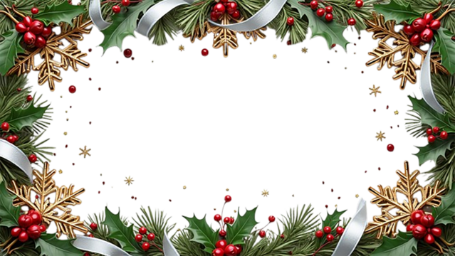 Festive Christmas border featuring red and green ribbons, silver bells, poinsettia flowers, and mistletoe, arranged with balance and detail, transparent background