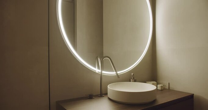 Contemporary bathroom featuring a large circular illuminated mirror, sleek sink, and minimalist decor. Ideal for luxury interior design concepts and architectural inspiration.