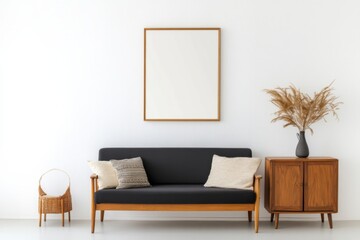Blank white wall with frame mockup above a retro dark sofa adorned with contrasted pillows, set in a vintage living room with earthy shades.