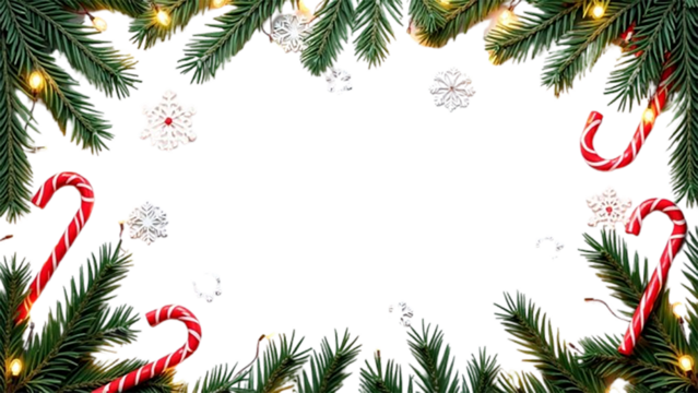 Festive Christmas border featuring red and green ribbons, silver bells, poinsettia flowers, and mistletoe, arranged with balance and detail, transparent background
