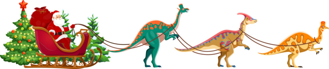 Cartoon Santa in sleigh with funny dinosaurs for Christmas holiday, vector background. Santa with gifts bag and Christmas tree riding on sleigh harnessed with dino lizards and dinosaurs as reindeer