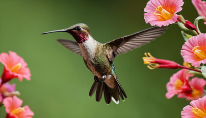 Fototapeta premium a macro image of a hummingbird hovering near a flower