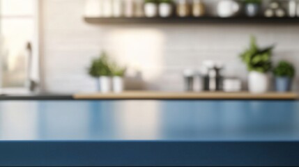 Blue kitchen countertop with a blurred background of the interior, flat lay, close-up, copy space concept. 