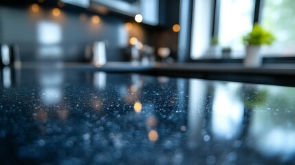 Blue kitchen countertop with a blurred background of the interior, flat lay, close-up, copy space concept. 