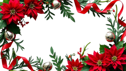 Festive Christmas border featuring red and green ribbons silver bells, poinsettia flowers, and mistletoe