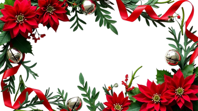 Festive Christmas border featuring red and green ribbons silver bells, poinsettia flowers, and mistletoe - Powered by Adobe
