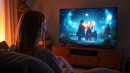 A woman uses her home smart TV to access OTT content