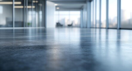 Blurred background of a modern office interior with glass windows and a polished concrete floor, providing ample copy space for text. 