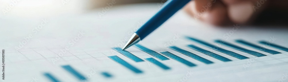 Poster a close-up of a hand holding a pen, pointing at financial bar graphs on a paper, symbolizing analysi